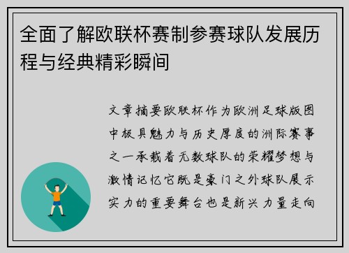 全面了解欧联杯赛制参赛球队发展历程与经典精彩瞬间